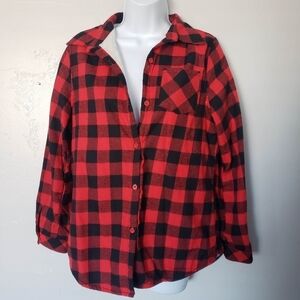 Korus Apparel Medium Red & Black Plaid Long Sleeve Button Up Shacket Lined Top